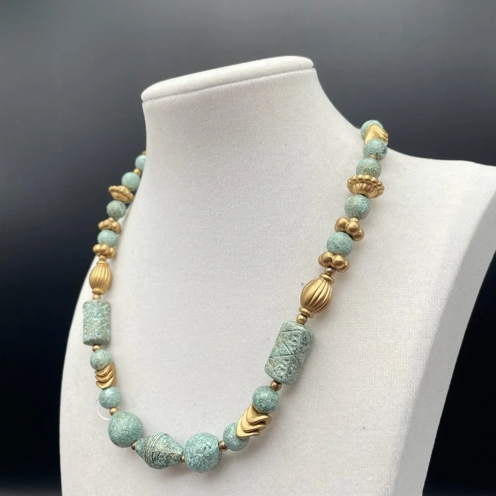 Vintage Turquoise Blue Textured Bead & Gold‎ Tone Necklace Boho Statement